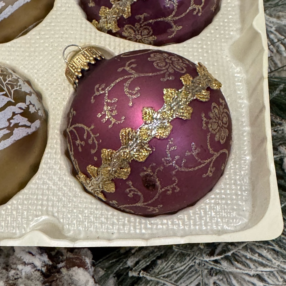 Vintage Christmas By Krebs 8 - Purple Gold Glass Ornaments W/Glitter & Ribbon - Picture 3 of 11